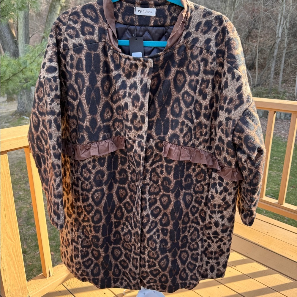 RuXuan Woman’s XL Helen Heart Leopard Print Swing Coat Ruffle Trim 3/4 Quarter - Picture 9 of 14